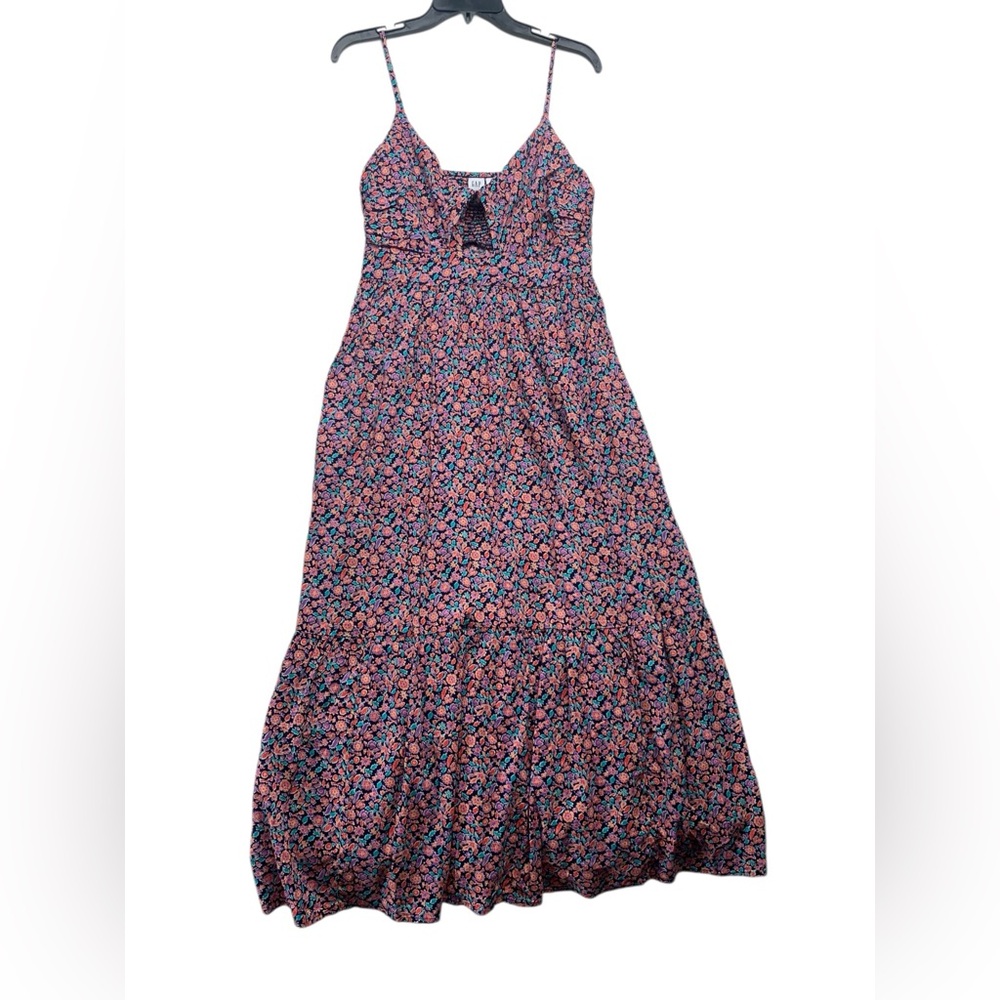 GAP size medium tie front black multicolor Floral Smocked maxi dress tiered